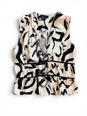 Tullea Abstract Print Tiered Tie Front Sleeveless Blouse Top Size Small
